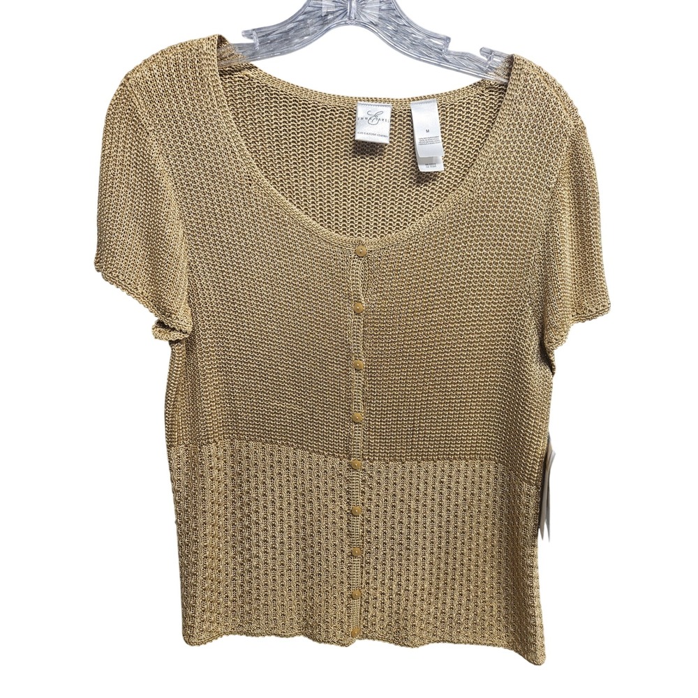 Emma James Gold Metallic Knit Cardigan Short Sleeve Button Front Top Size M NWT